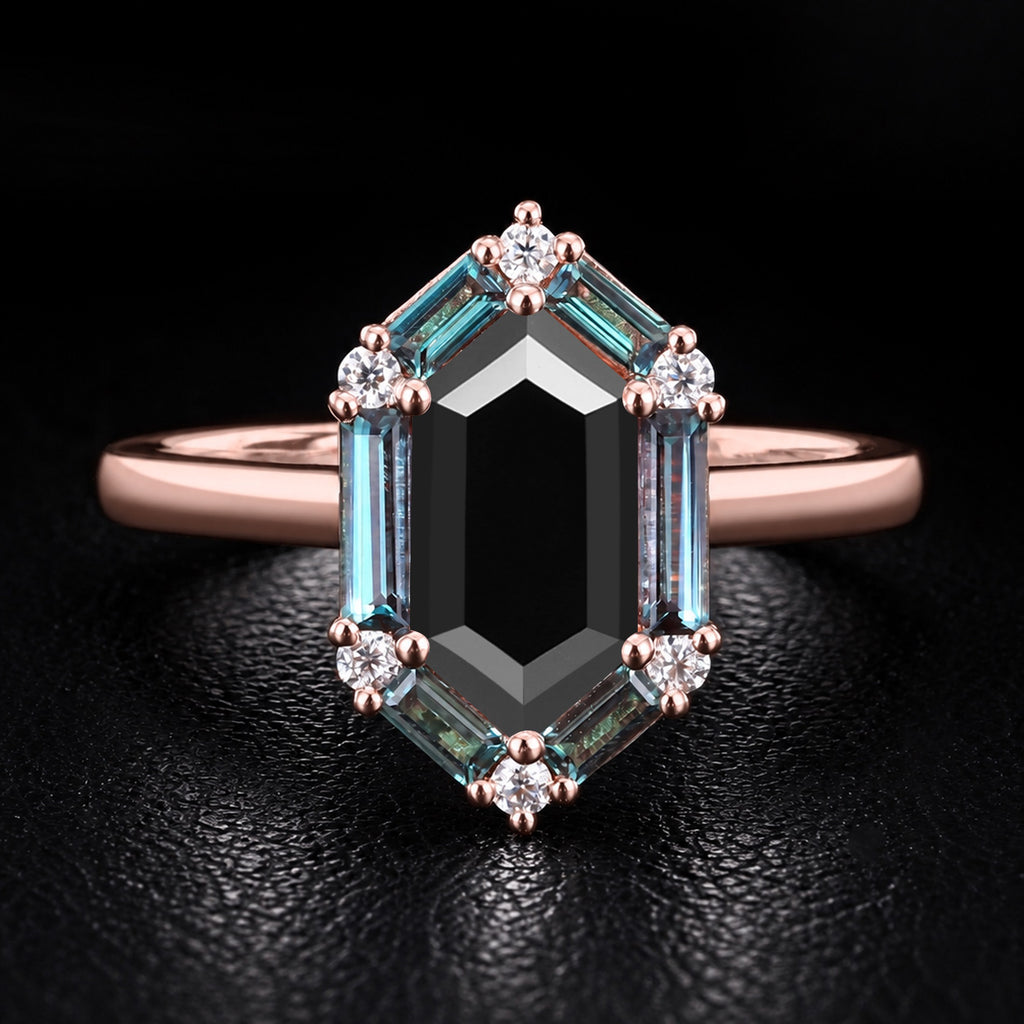 Long Hexagon Cut Black Moissanite Ring With Lab Alexandrite Halo