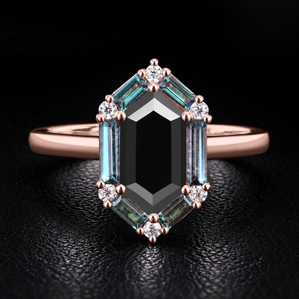 Long Hexagon Cut Black Moissanite Ring With Lab Alexandrite Halo