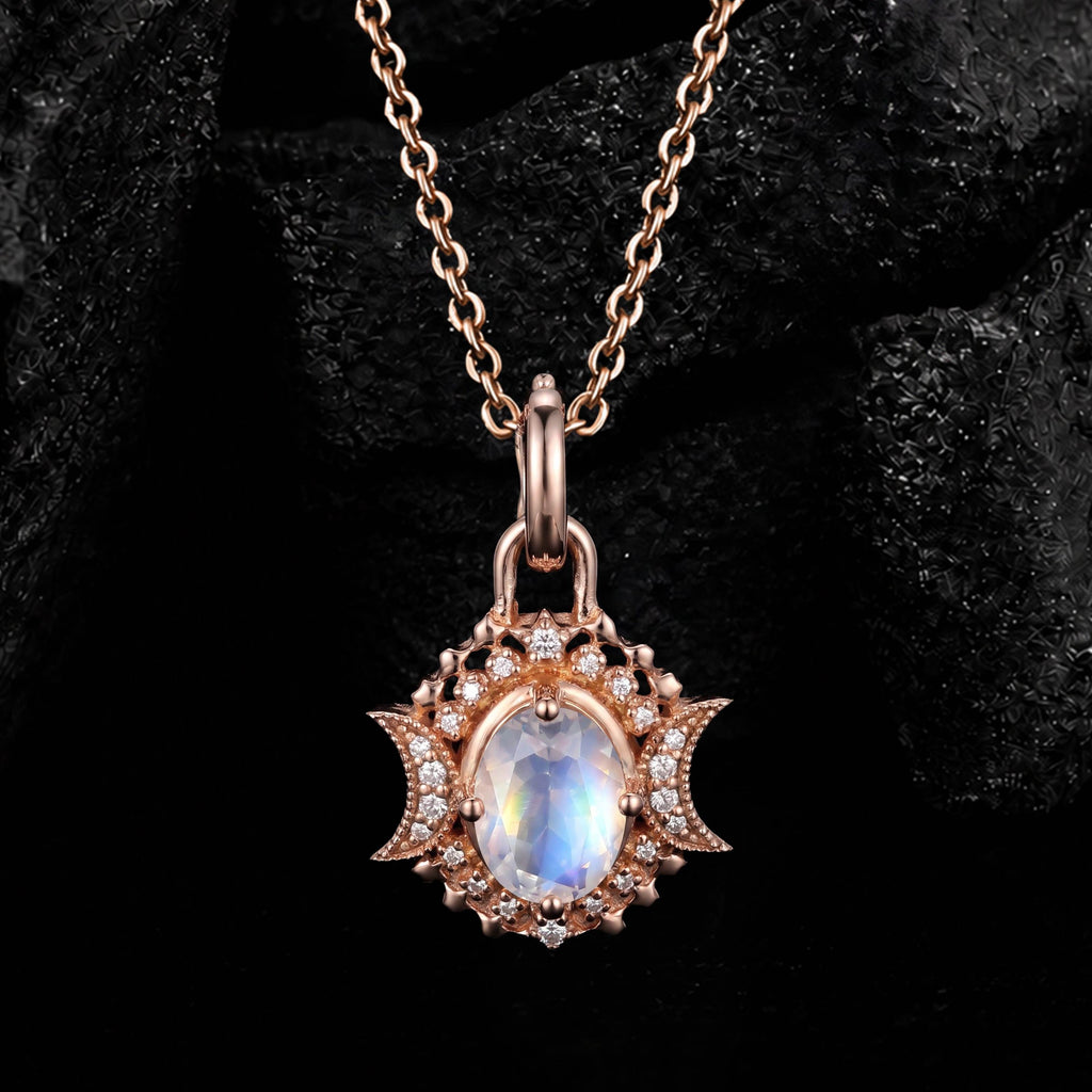 Oval Cut Moonstone Celestial Crescent Pendant Necklace With Lab Diamond Accents
