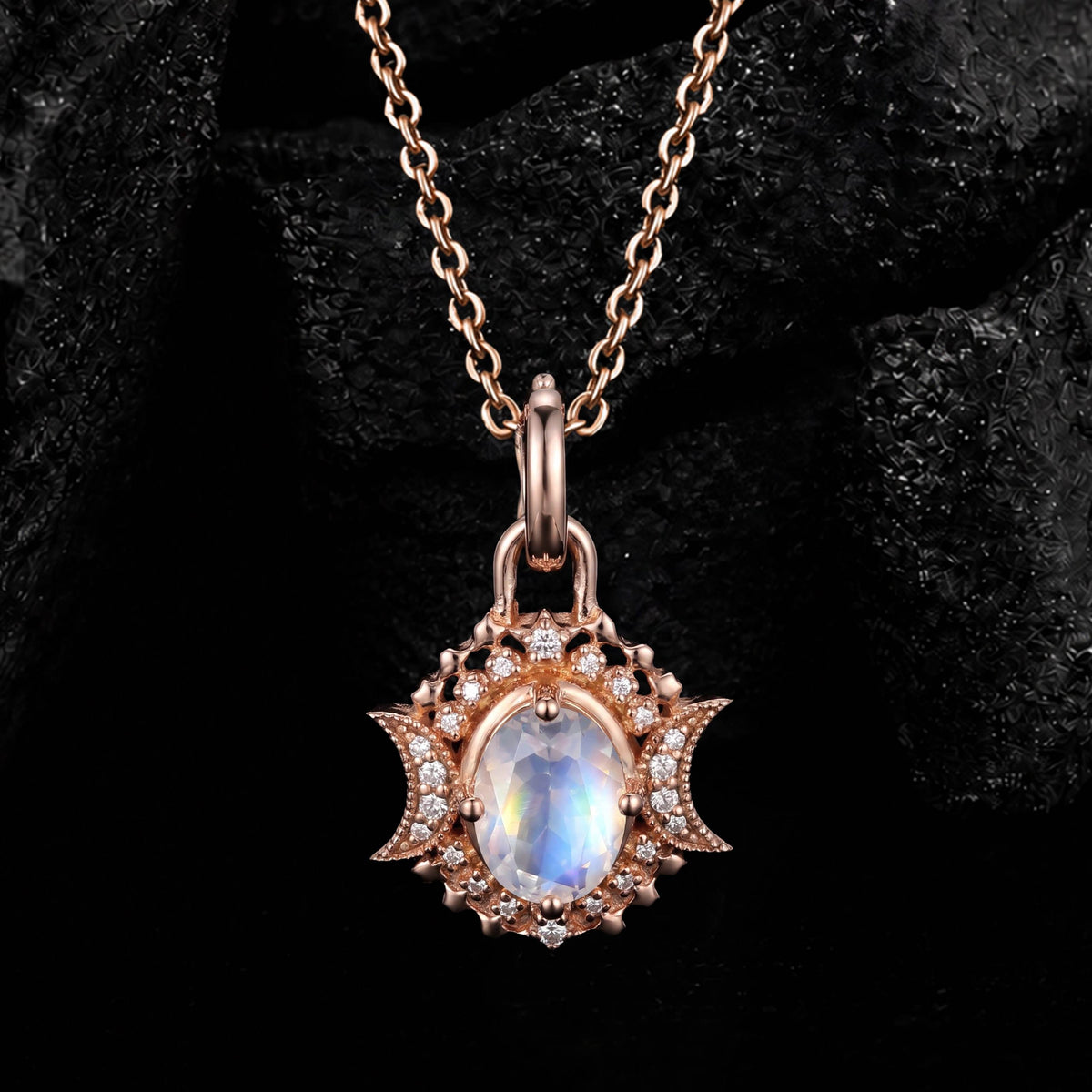 Oval Cut Moonstone Celestial Crescent Pendant Necklace With Lab Diamond Accents