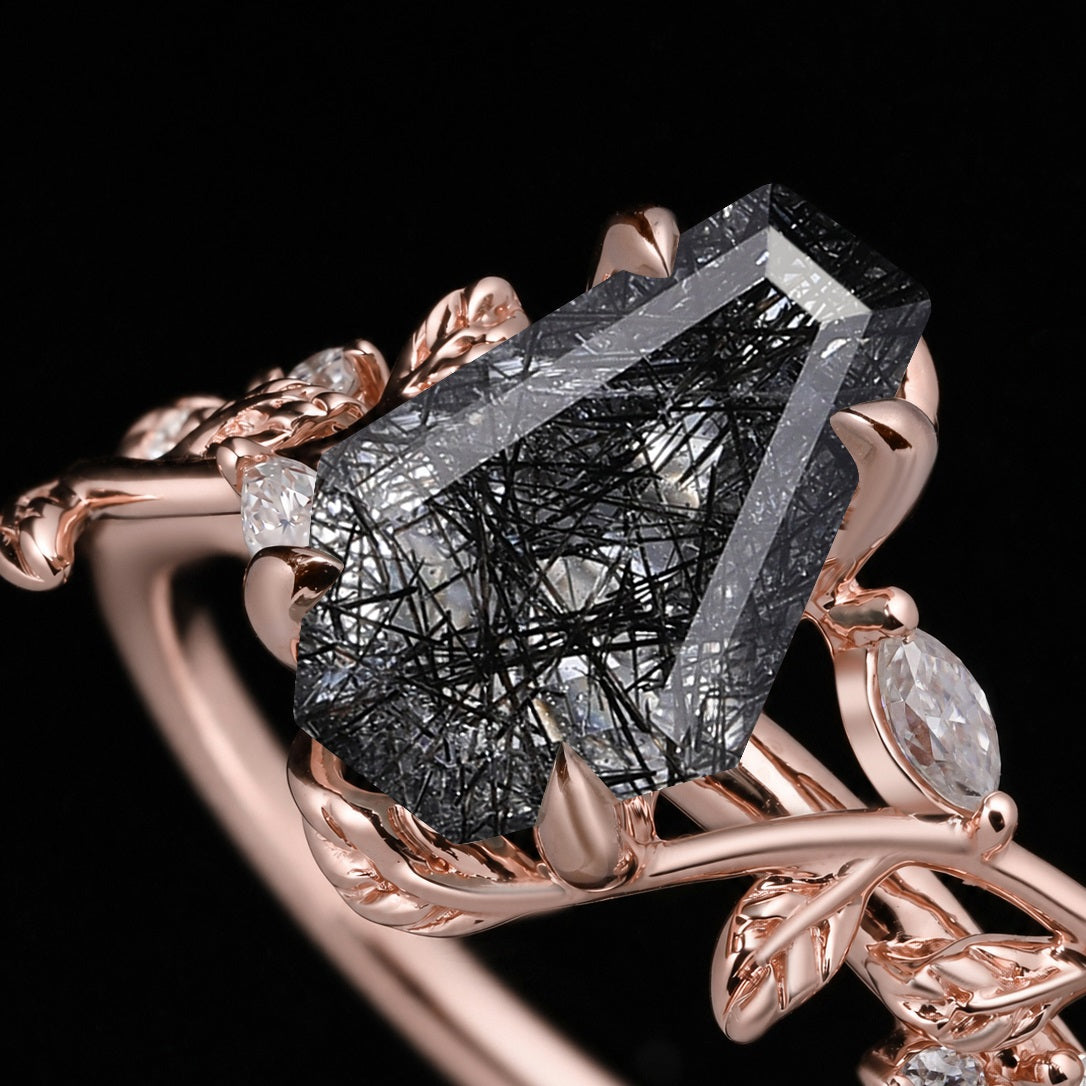 Coffin Cut Black Rutilated Quartz Nature Inspired LeafLace Ring