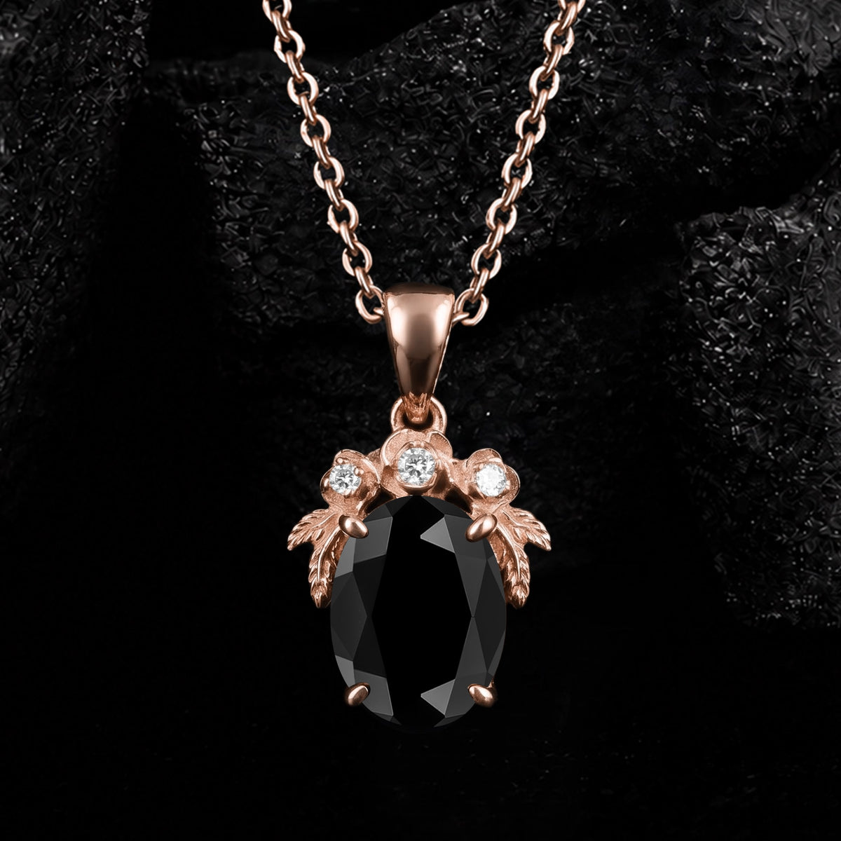 Oval Cut Black Diamond Rose Cluster Pendant Necklace