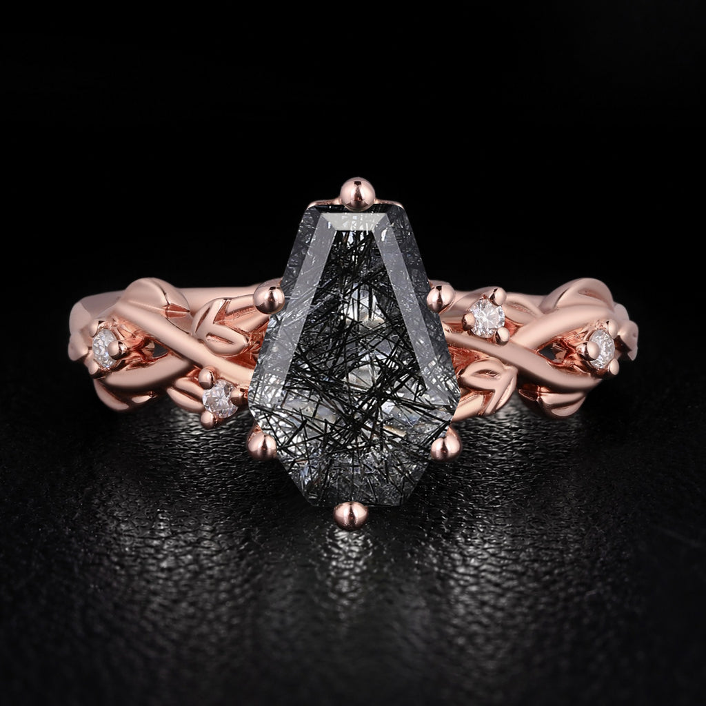 Coffin Cut Black Rutilated Quartz Crossover Shank Vine Ring