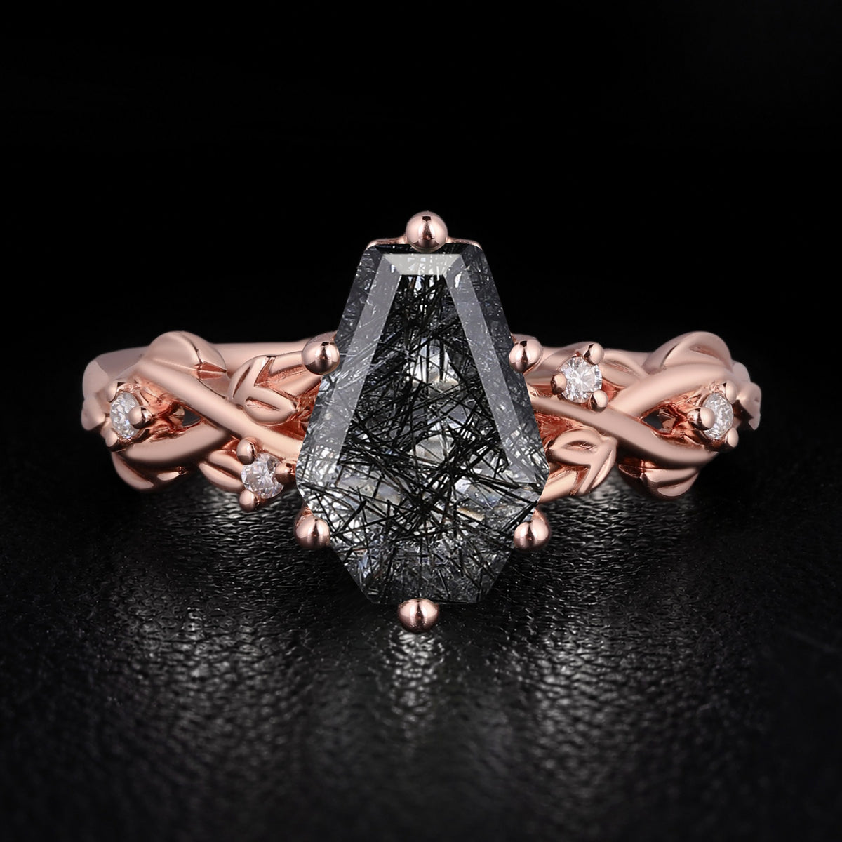 Coffin Cut Black Rutilated Quartz Crossover Shank Vine Ring