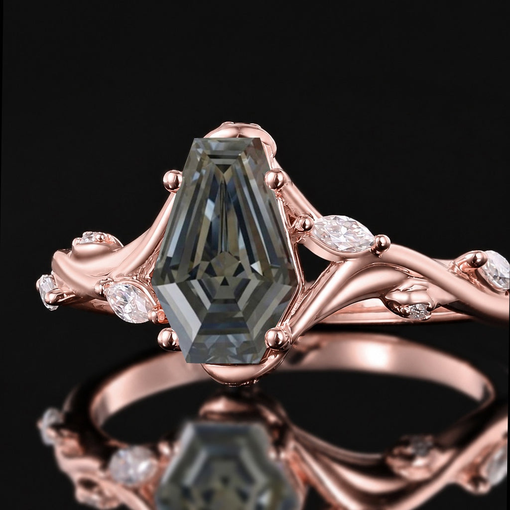 Coffin Cut Gray Moissanite Vine Bypass Shank Ring