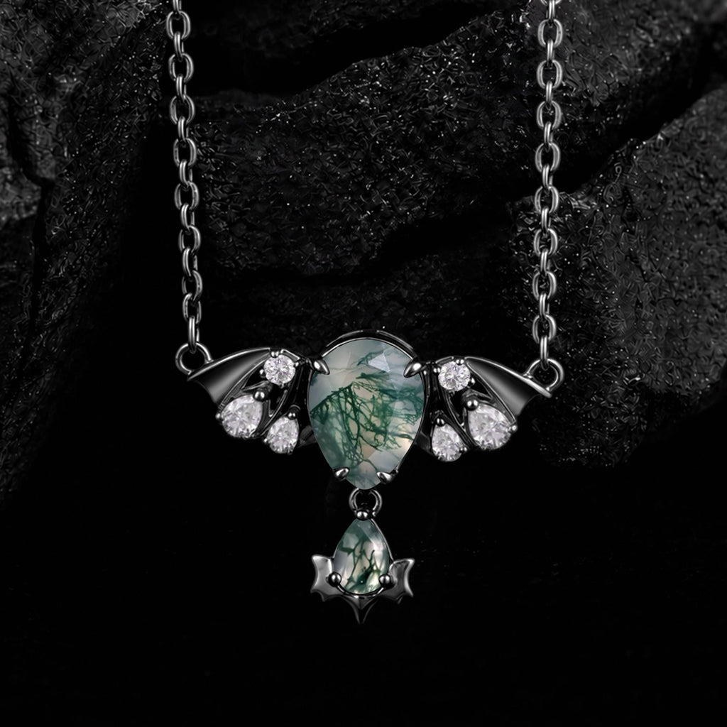 Pear Cut Moss Agate Nightwing Gothic Drop Necklace