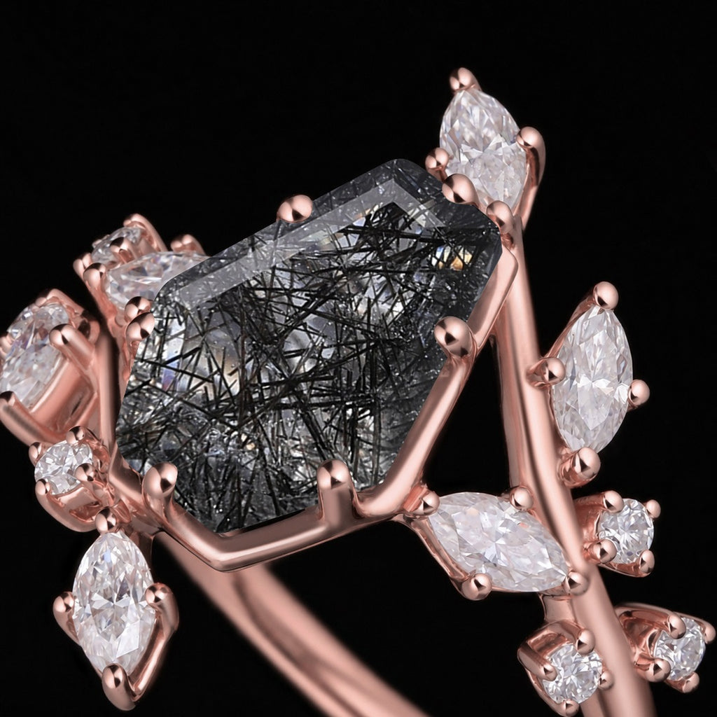 Coffin Cut Black Rutilated Quartz Bypass Shank Nature Inspired Ring