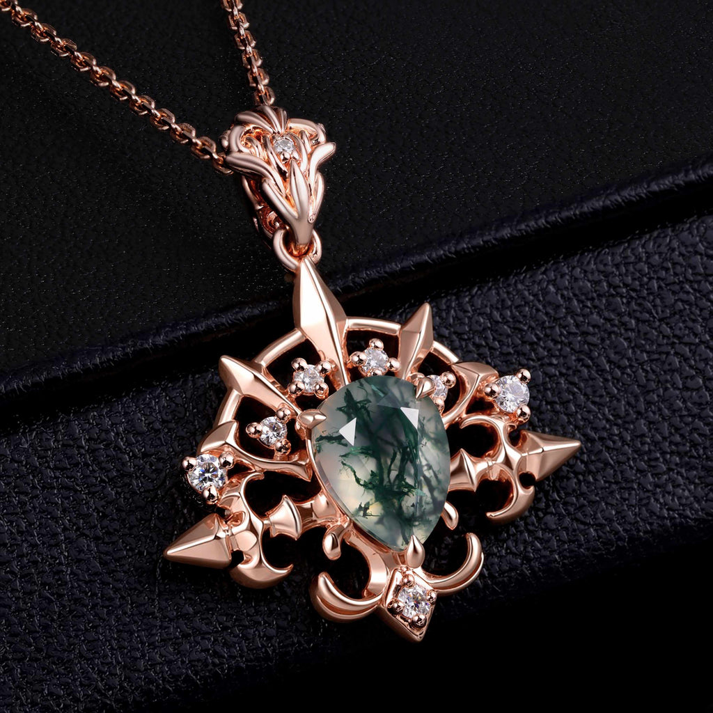 Pear Cut Moss Agate Radiant Arrow Gothic Pendant Necklace