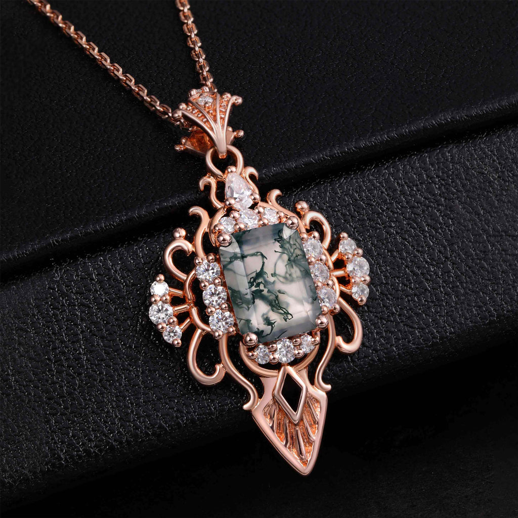 Emerald Cut Moss Agate Sacred Relic Gothic Pendant Necklace