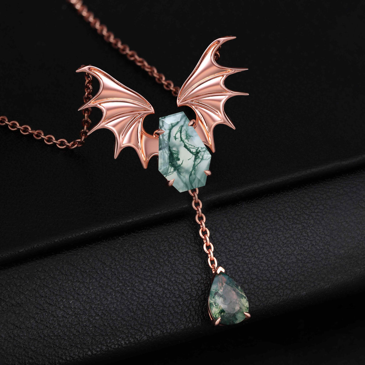 Coffin Cut Moss Agate Nightwing Gothic Y Necklace