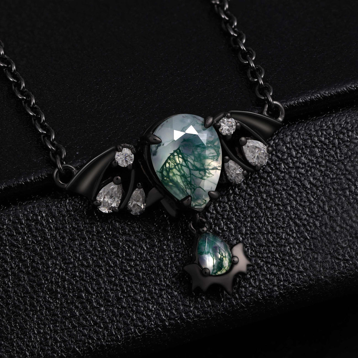 Pear Cut Moss Agate Nightwing Gothic Drop Necklace