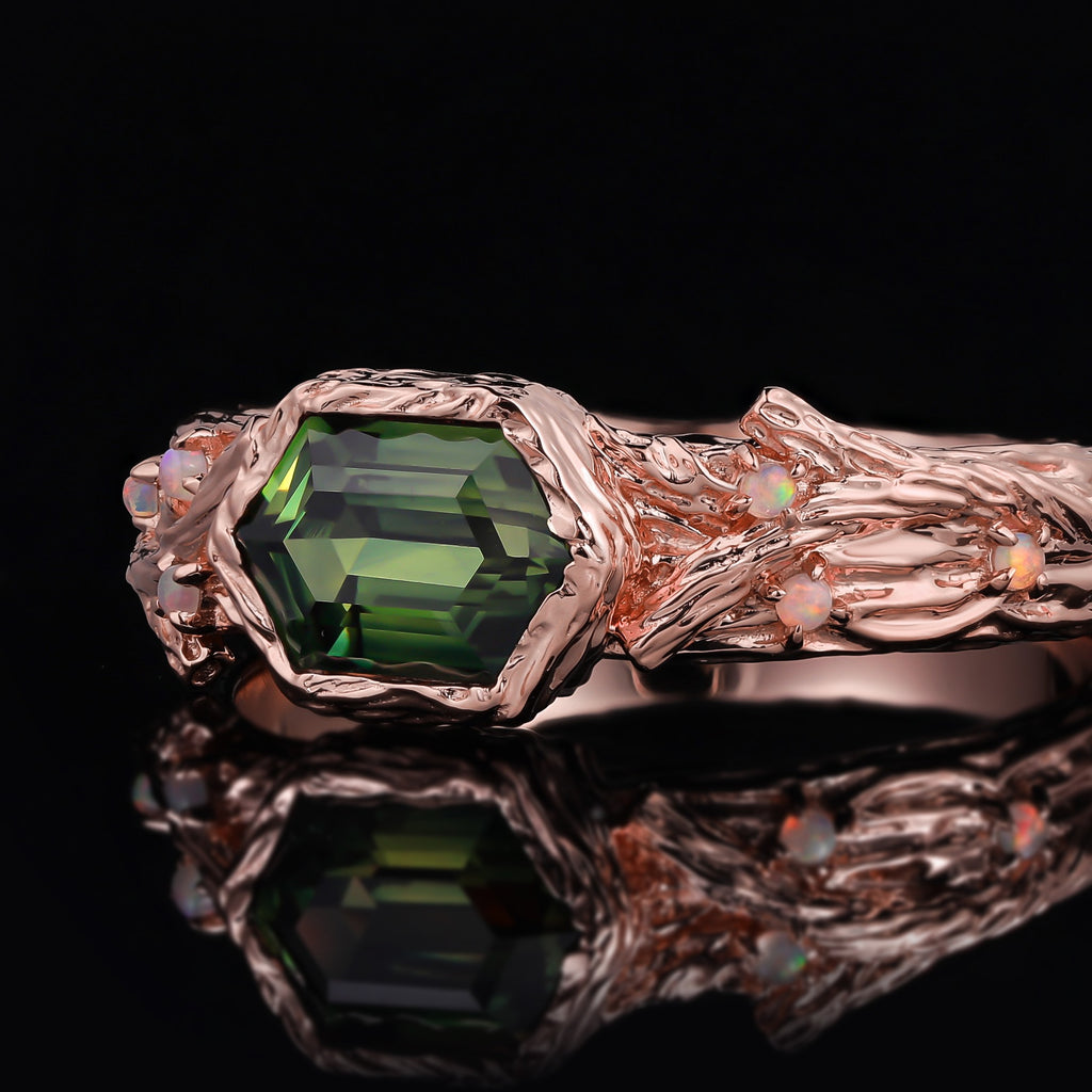 East-West Long Hexagon Cut Teal Sapphire Enchanted Branch Ring