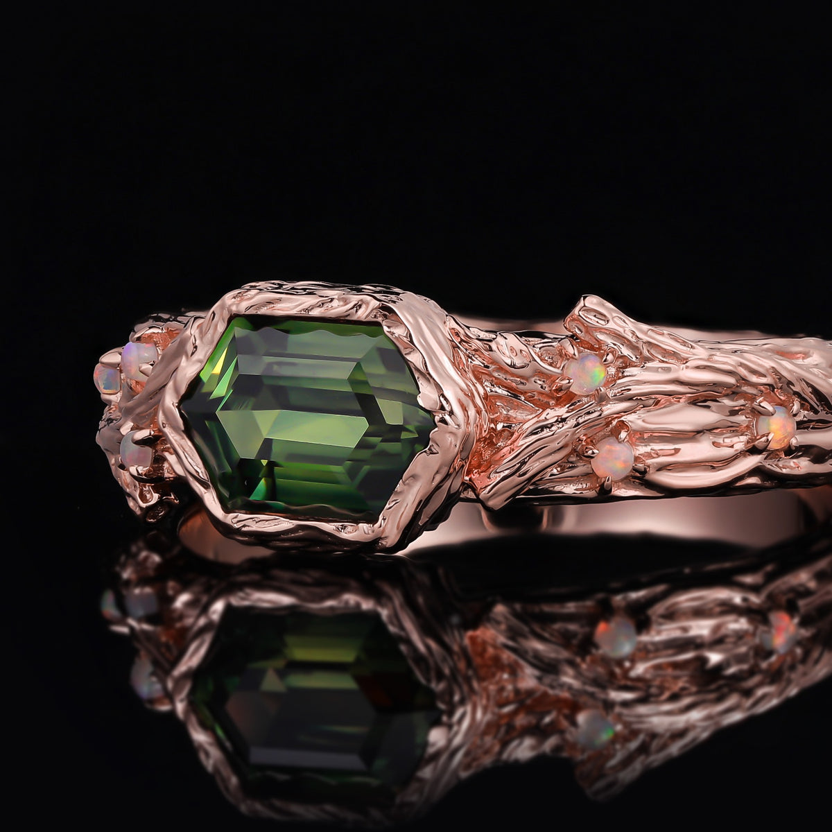 East-West Long Hexagon Cut Teal Sapphire Enchanted Branch Ring