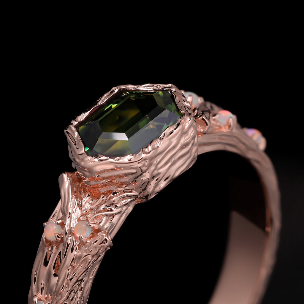 East-West Long Hexagon Cut Teal Sapphire Enchanted Branch Ring