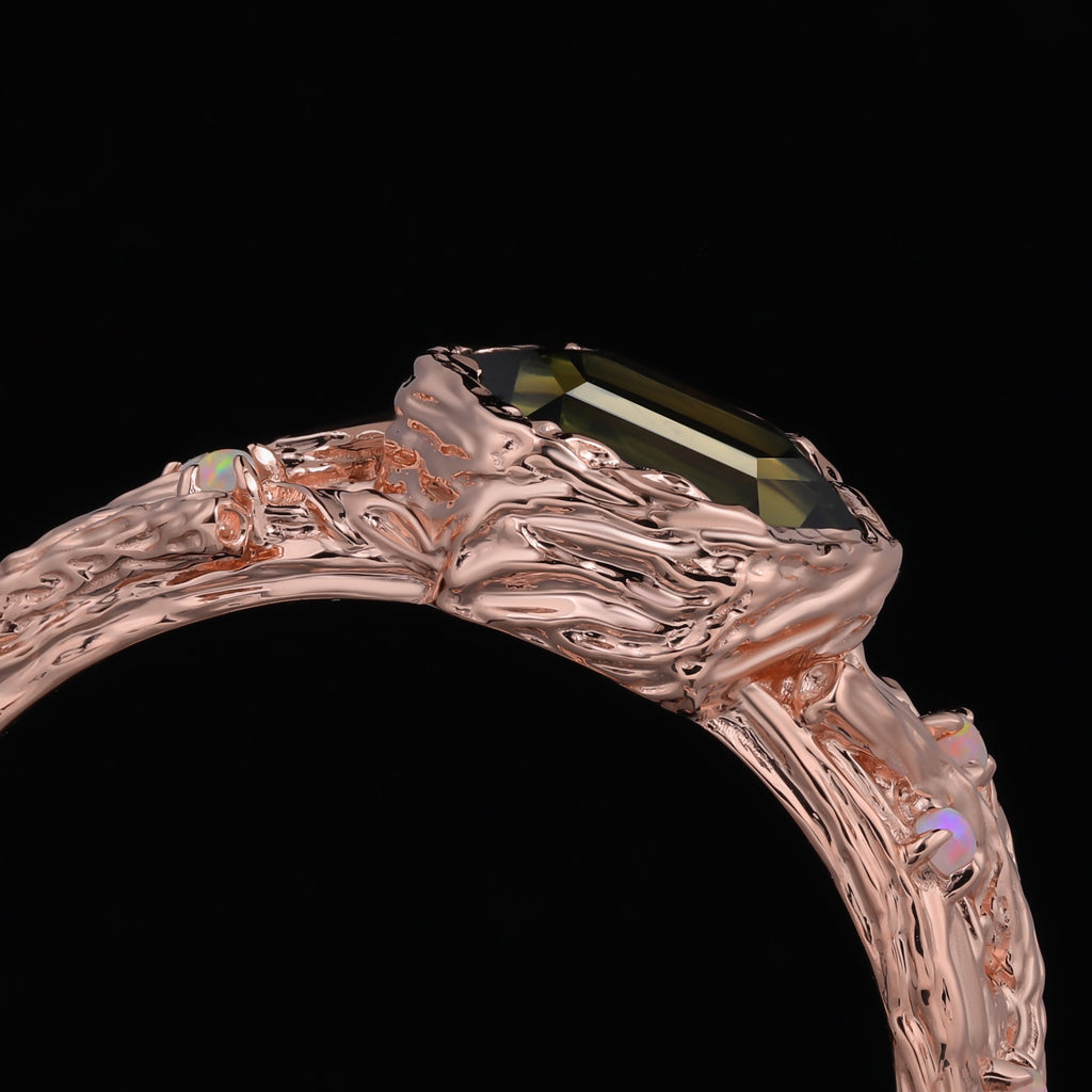 East-West Long Hexagon Cut Teal Sapphire Enchanted Branch Ring