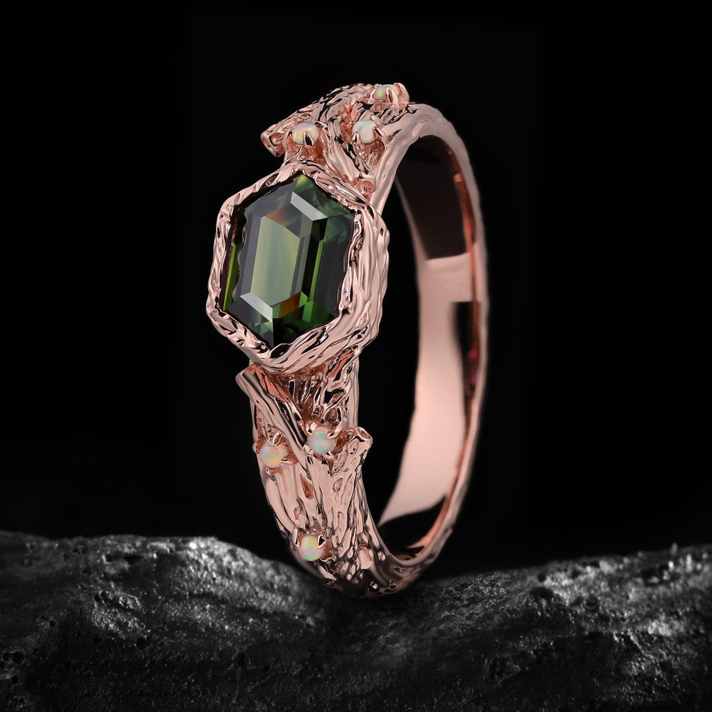 East-West Long Hexagon Cut Teal Sapphire Enchanted Branch Ring