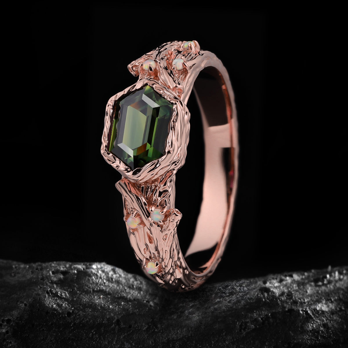East-West Long Hexagon Cut Teal Sapphire Enchanted Branch Ring
