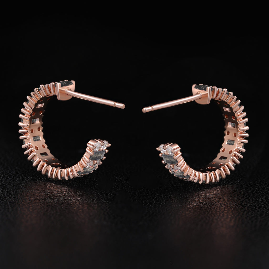 Baguette Cut Salt & Pepper Diamond & Lab Diamond Art Deco Hoop Earrings