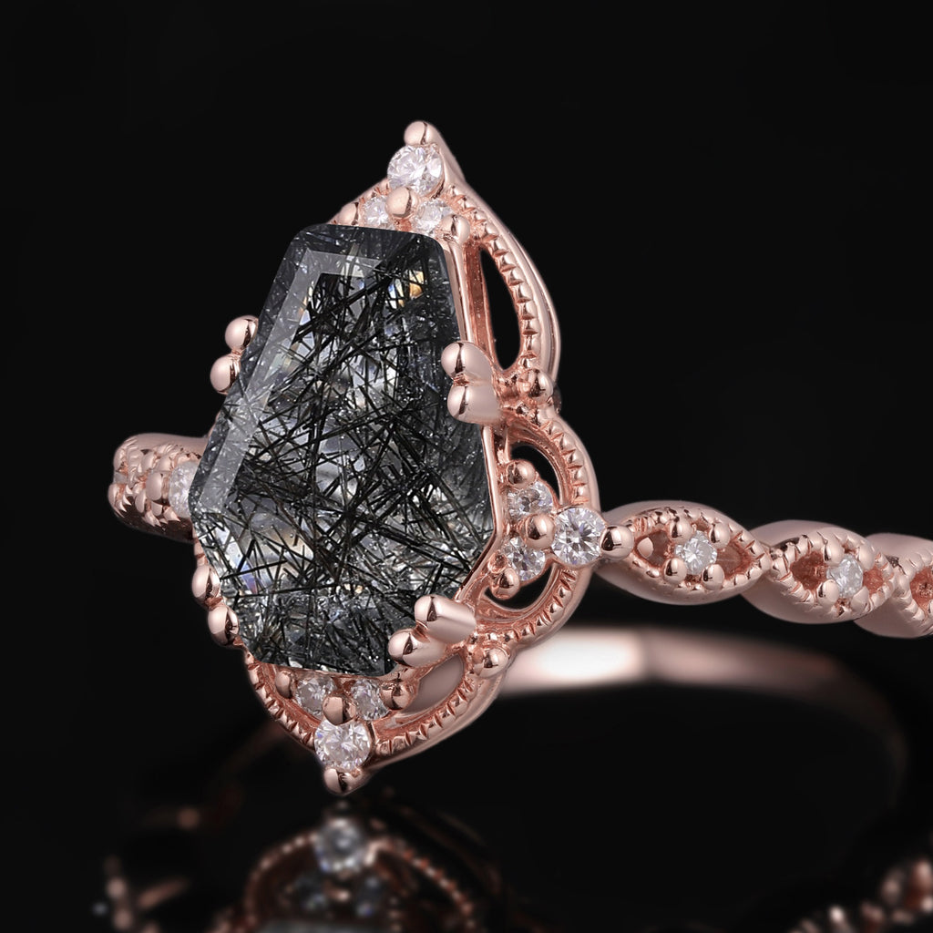 Coffin Cut Black Rutilated Quartz Milgrain Vintage Ring