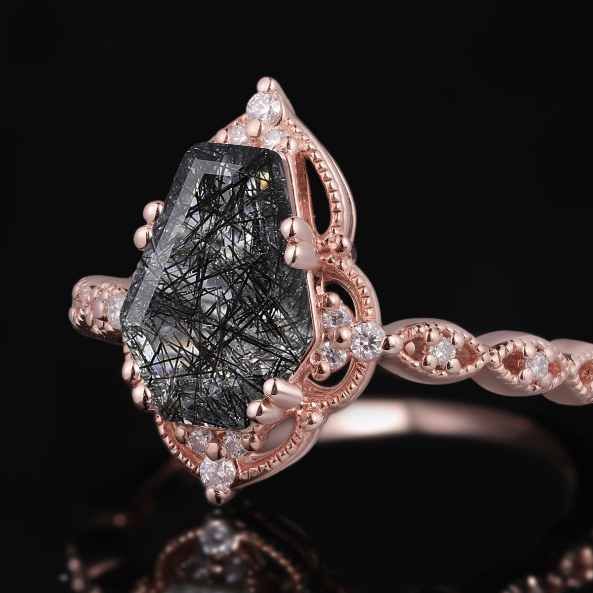 Coffin Cut Black Rutilated Quartz Milgrain Vintage Ring