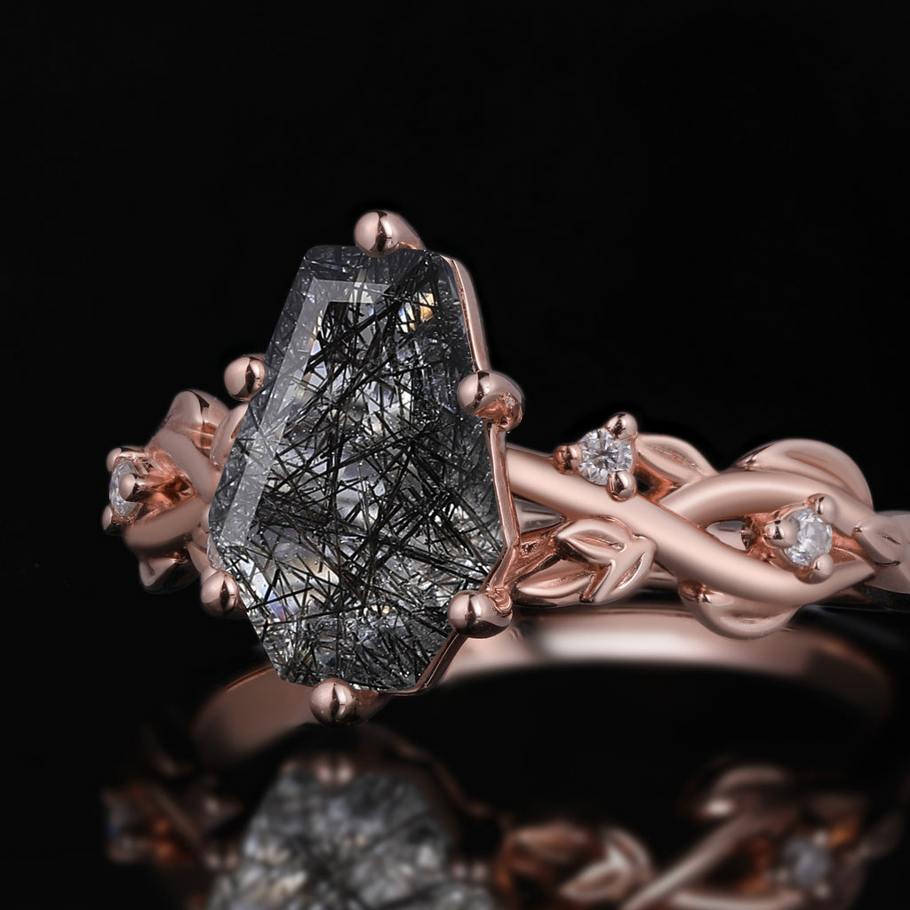 Coffin Cut Black Rutilated Quartz Crossover Shank Vine Ring