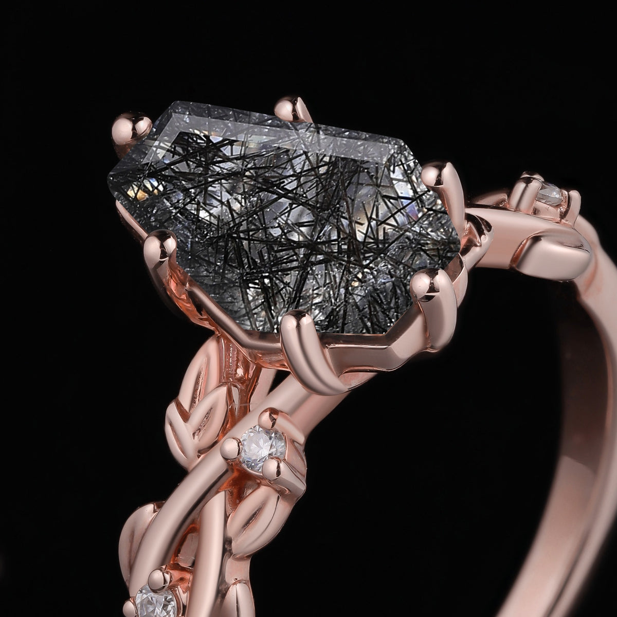 Coffin Cut Black Rutilated Quartz Crossover Shank Vine Ring