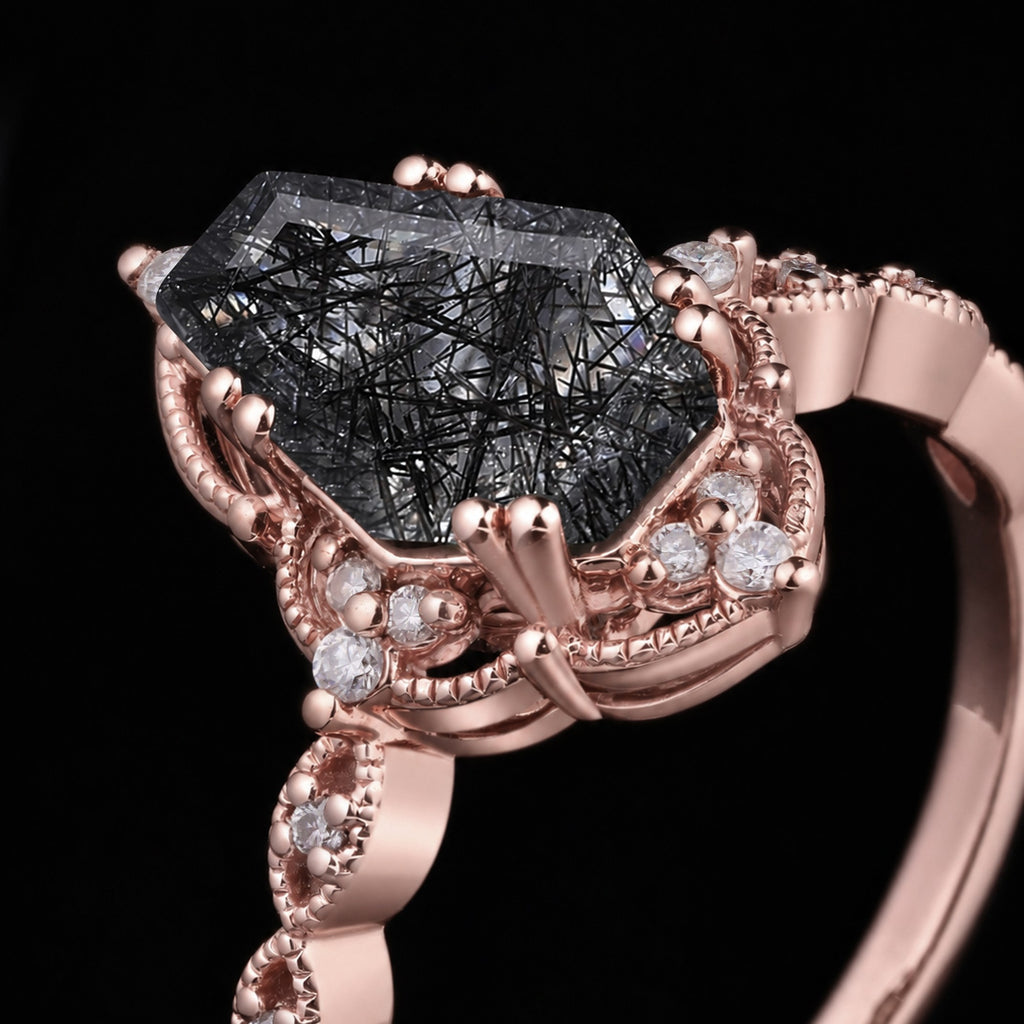 Coffin Cut Black Rutilated Quartz Milgrain Vintage Ring