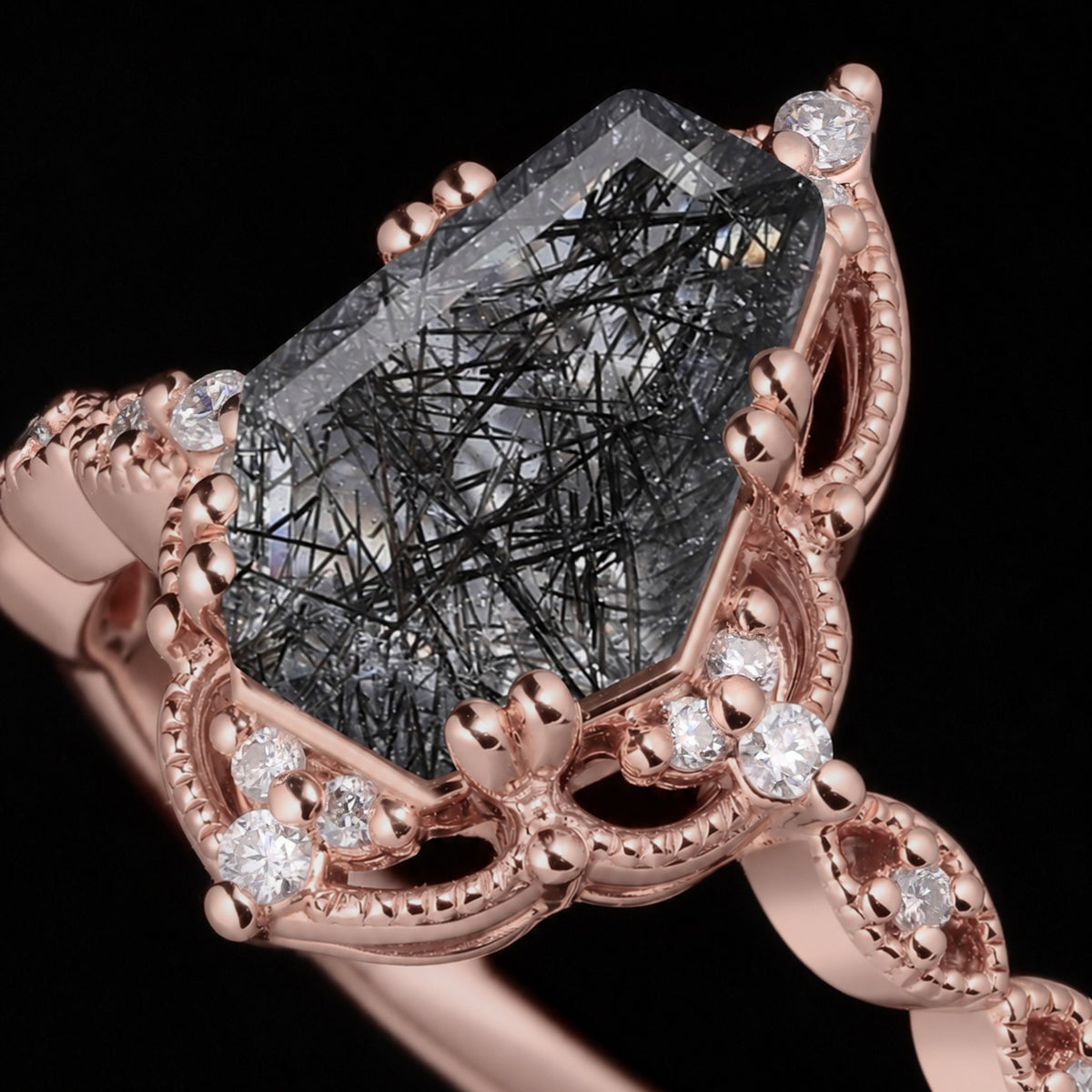 Coffin Cut Black Rutilated Quartz Milgrain Vintage Ring