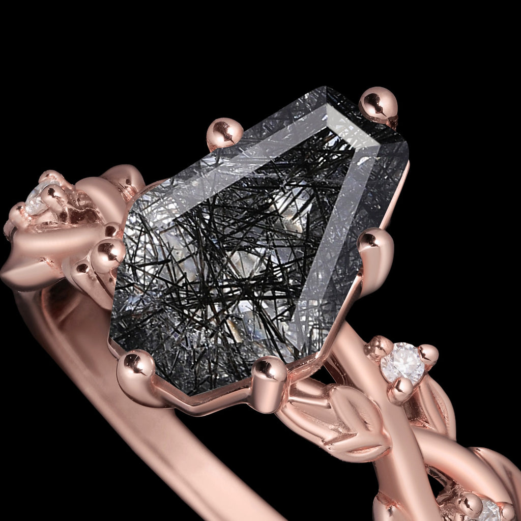 Coffin Cut Black Rutilated Quartz Crossover Shank Vine Ring