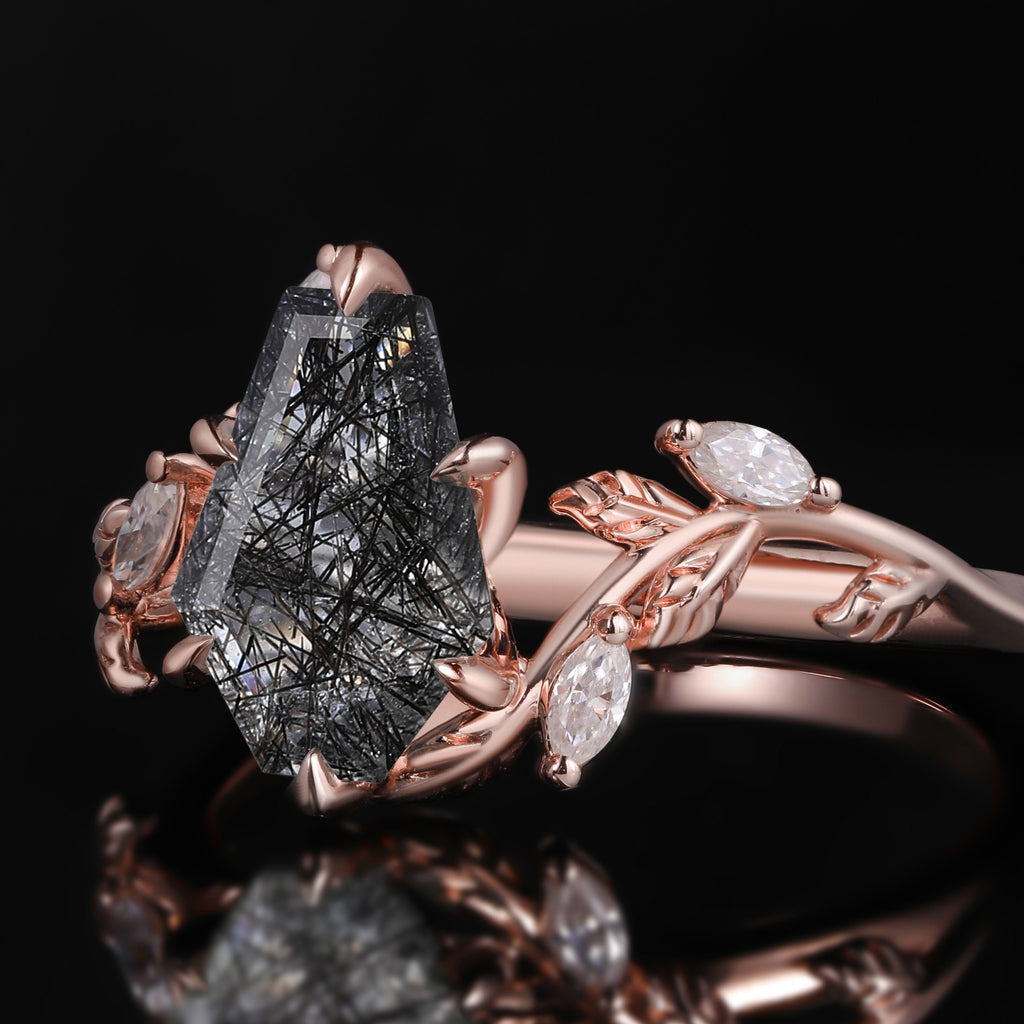 Coffin Cut Black Rutilated Quartz Vine Branch Ring