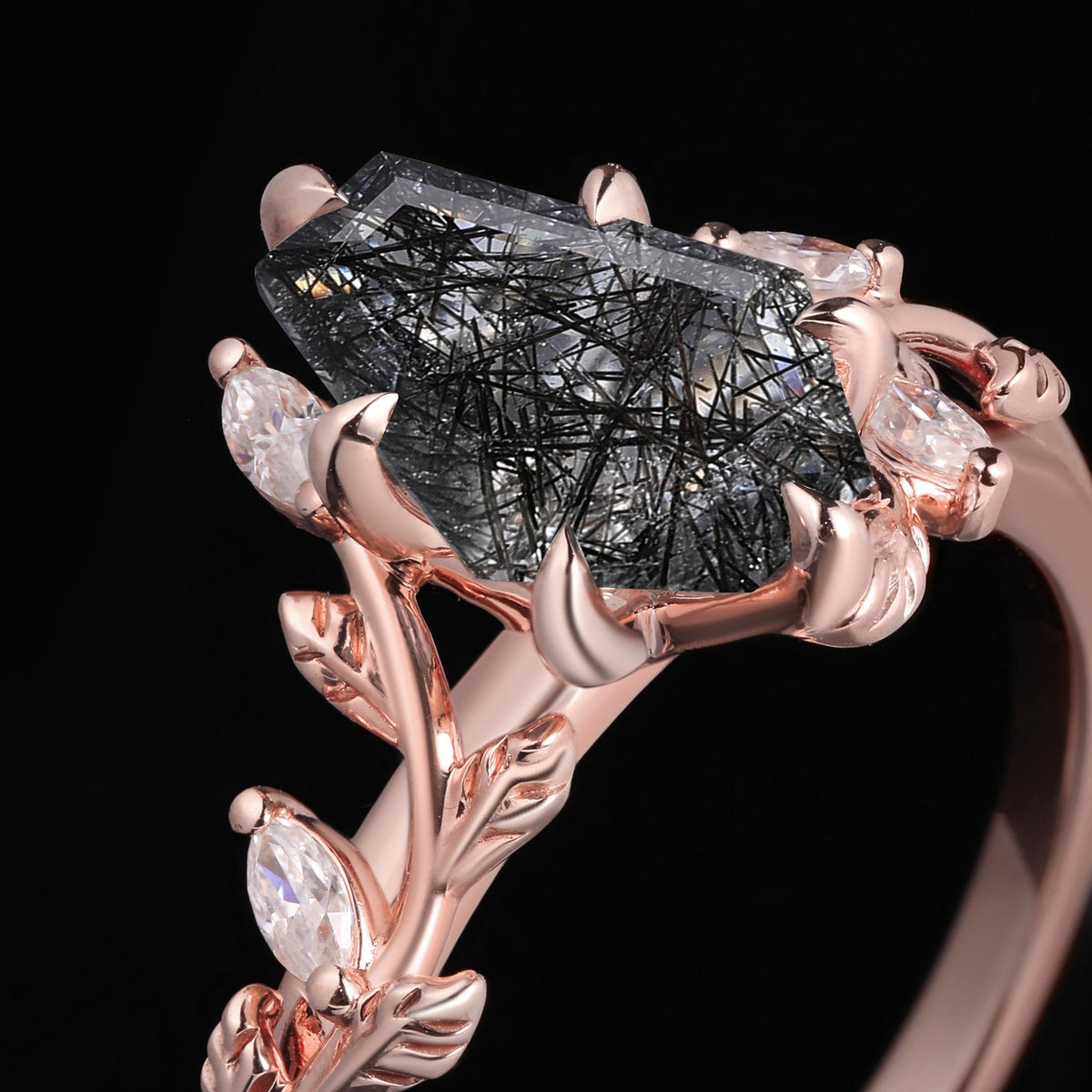 Coffin Cut Black Rutilated Quartz Vine Branch Ring
