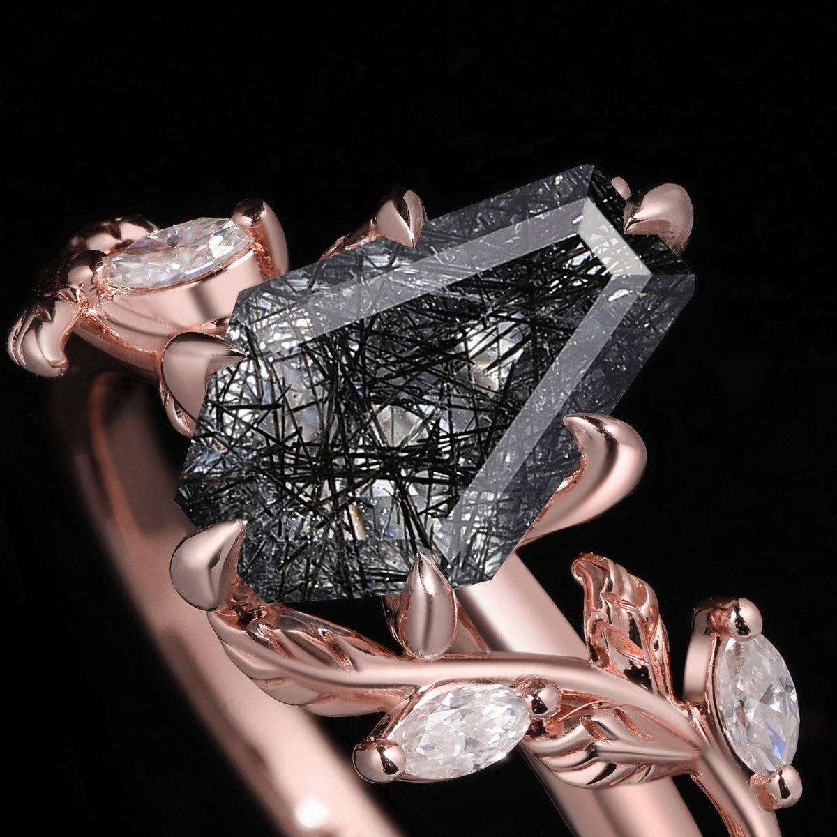 Coffin Cut Black Rutilated Quartz Vine Branch Ring