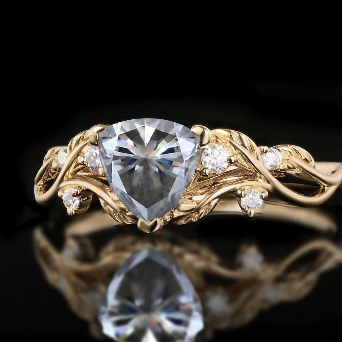 Trillion Cut Gray Moissanite Nature Inspired Ring