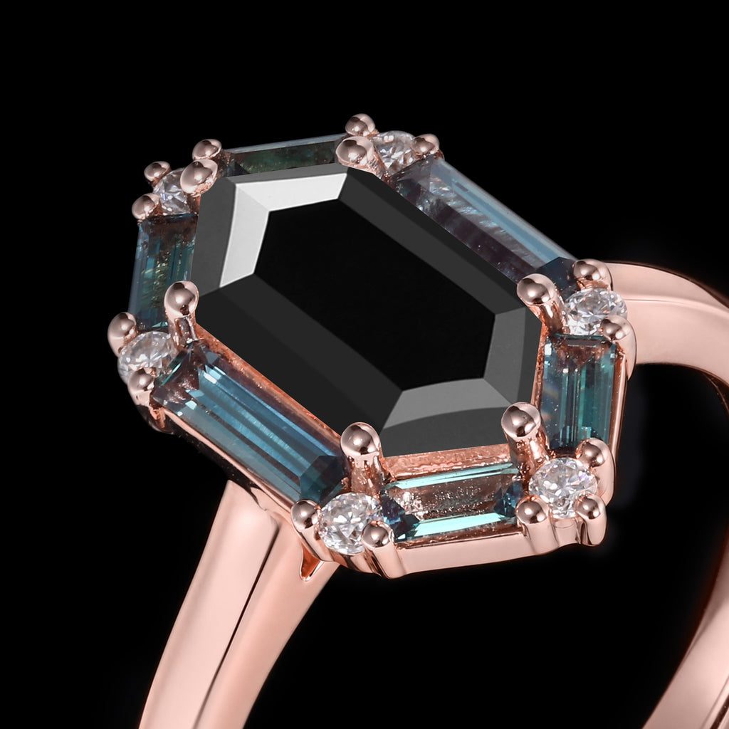 Long Hexagon Cut Black Moissanite Ring With Lab Alexandrite Halo