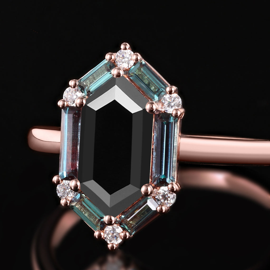 Long Hexagon Cut Black Moissanite Ring With Lab Alexandrite Halo