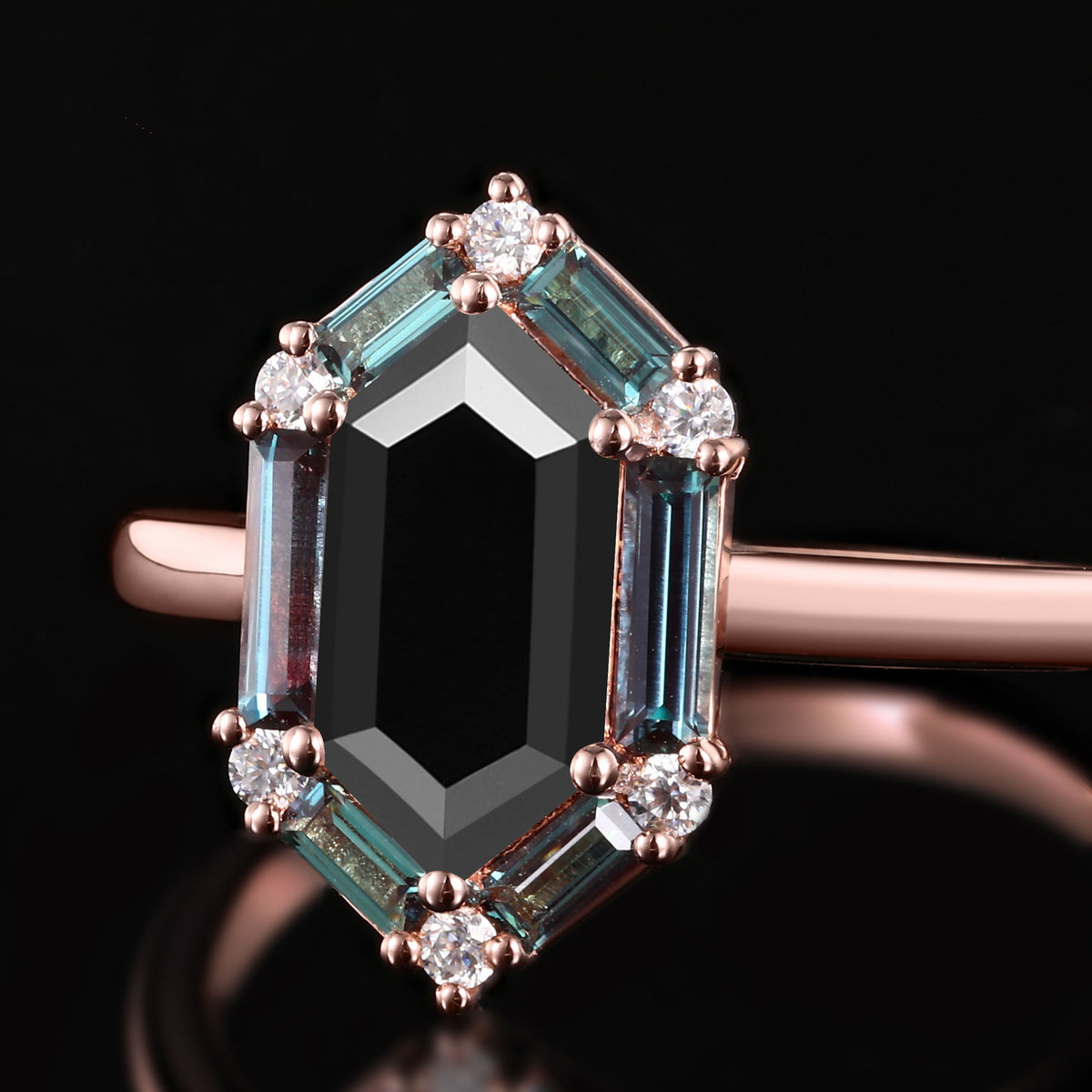 Long Hexagon Cut Black Moissanite Ring With Lab Alexandrite Halo