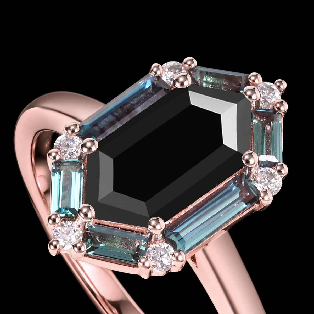 Long Hexagon Cut Black Moissanite Ring With Lab Alexandrite Halo