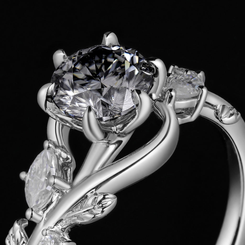 Round Cut Gray Moissanite Bypass Nature Inspired Ring