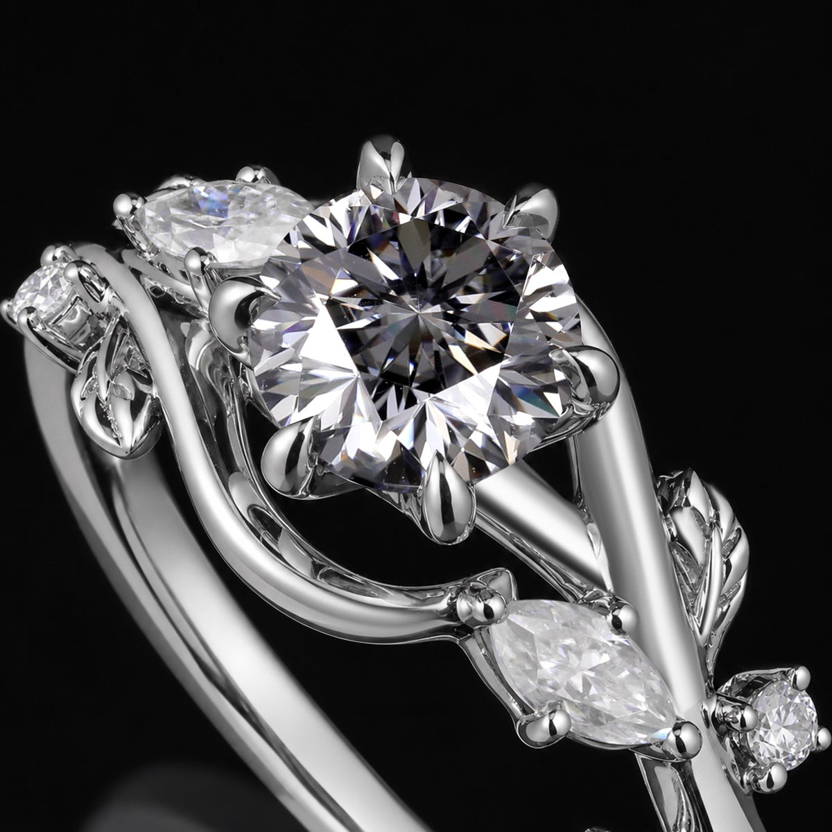 Round Cut Gray Moissanite Bypass Nature Inspired Ring