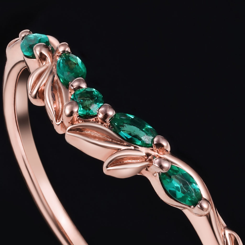 Lab Emerald Olive Leaf Nature Inspired Curved Band