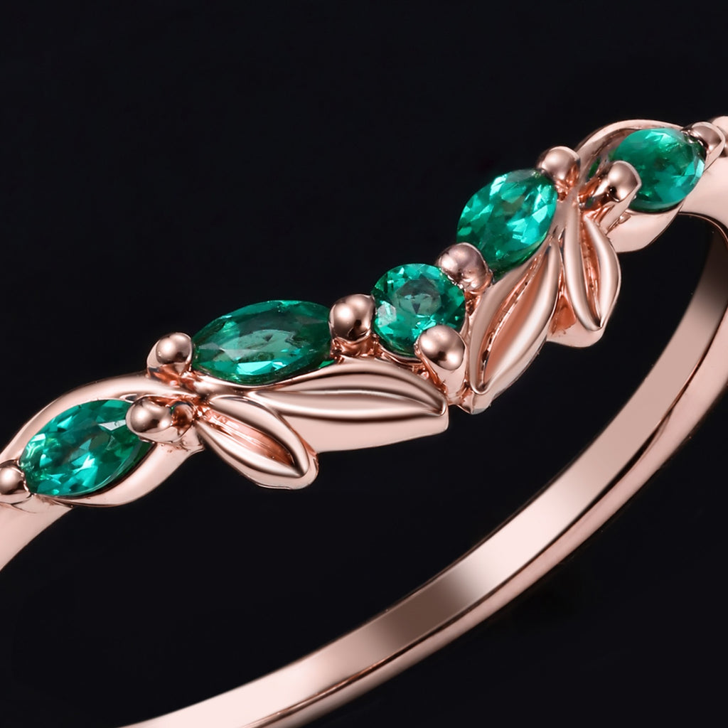 Lab Emerald Olive Leaf Nature Inspired Curved Band