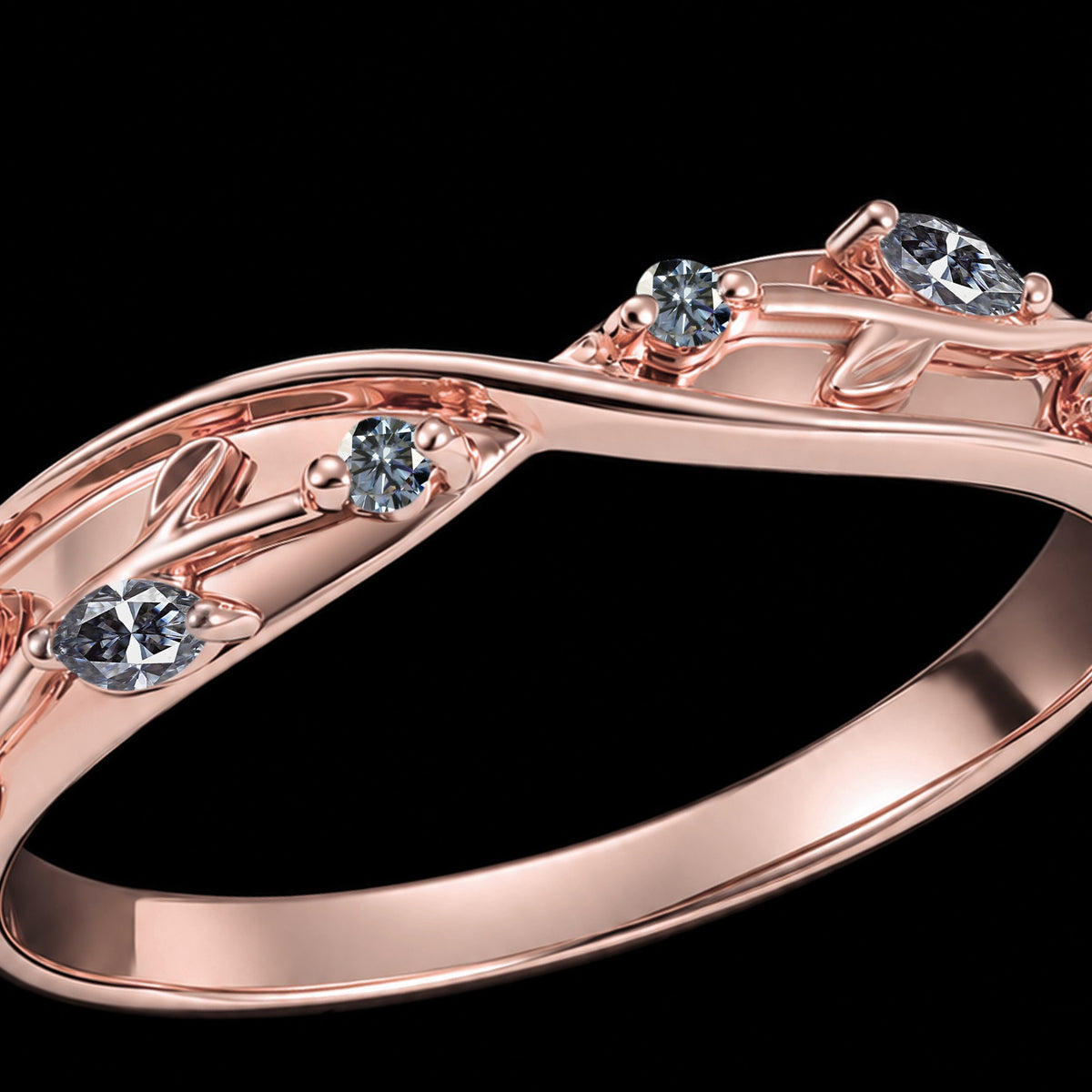 Gray Moissanite Leaf Engraved Twisted Band