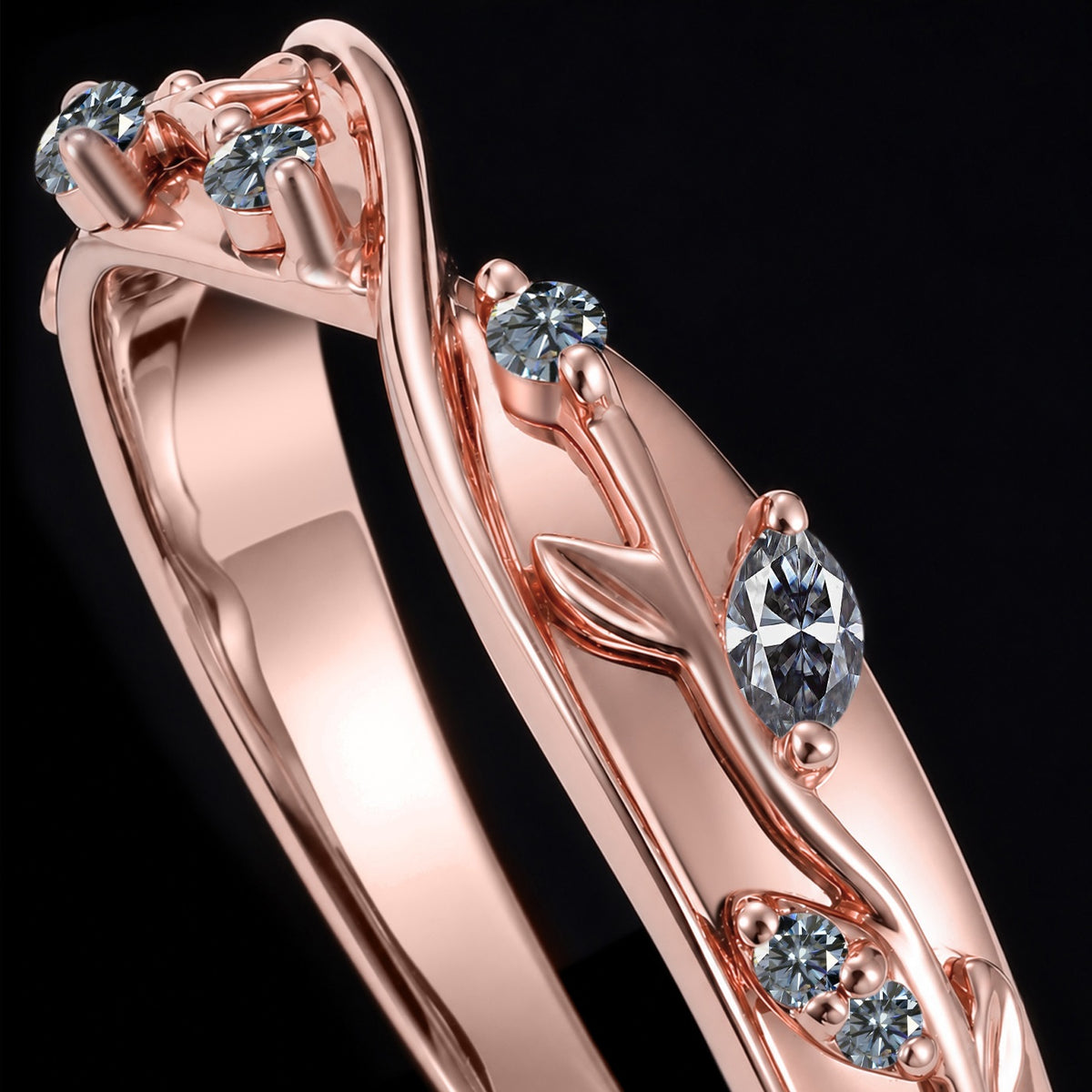 Gray Moissanite Leaf Engraved Twisted Band