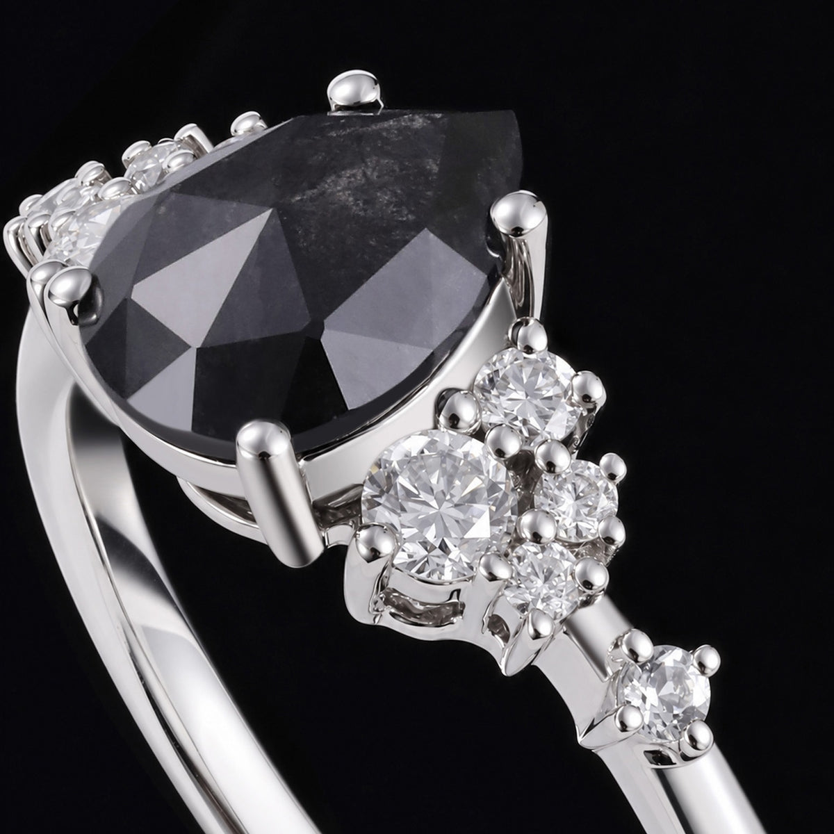 Pear Cut Salt & Pepper Diamond Snowdrift Cluster Ring