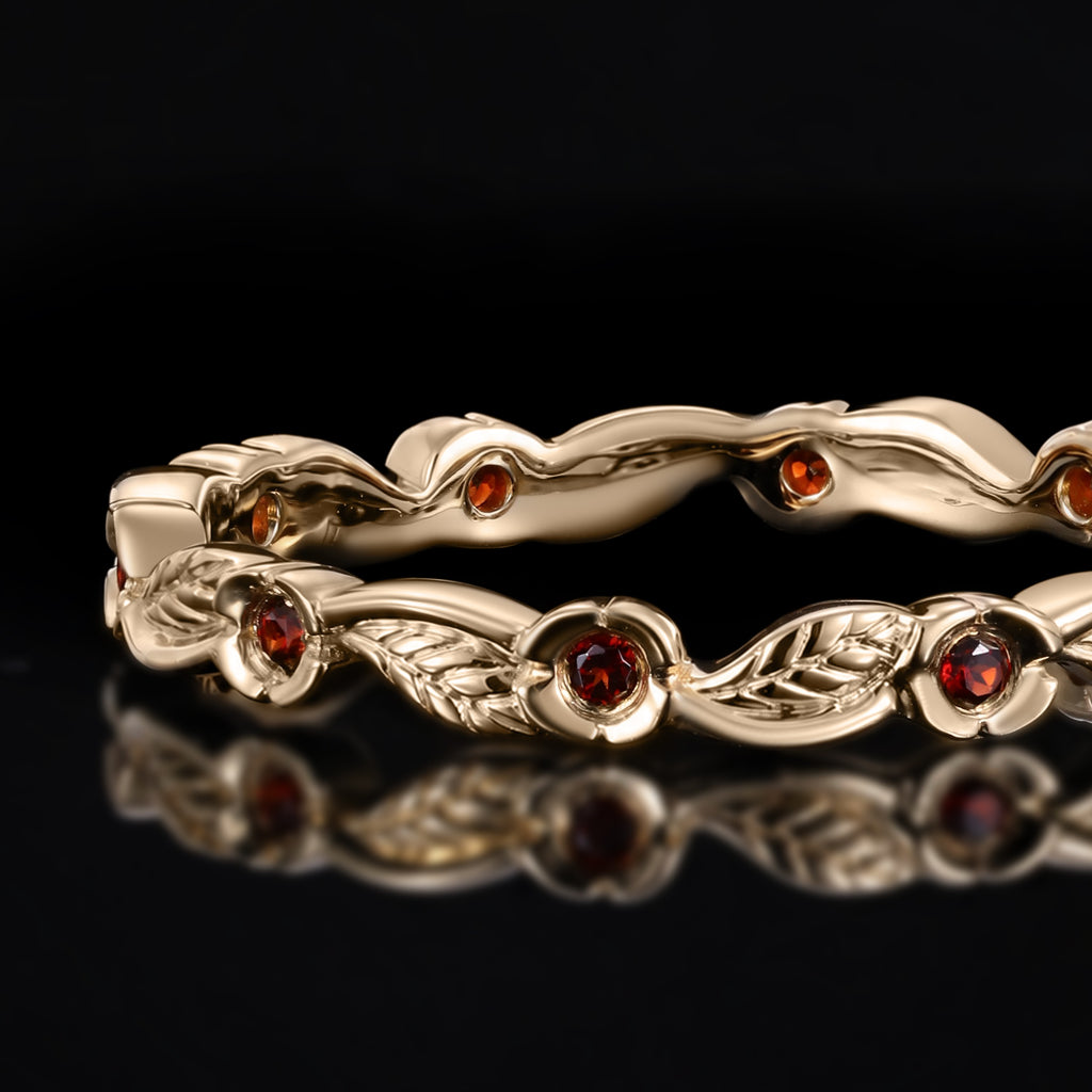 Garnet Flower & Leaf Nature Inspired Eternity Band Ring