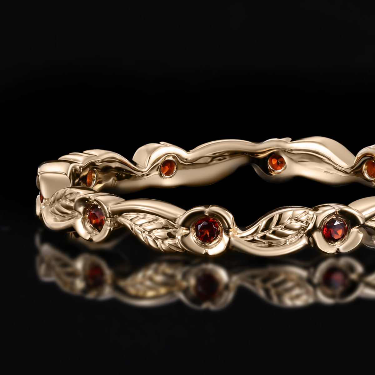 Garnet Flower & Leaf Nature Inspired Eternity Band Ring