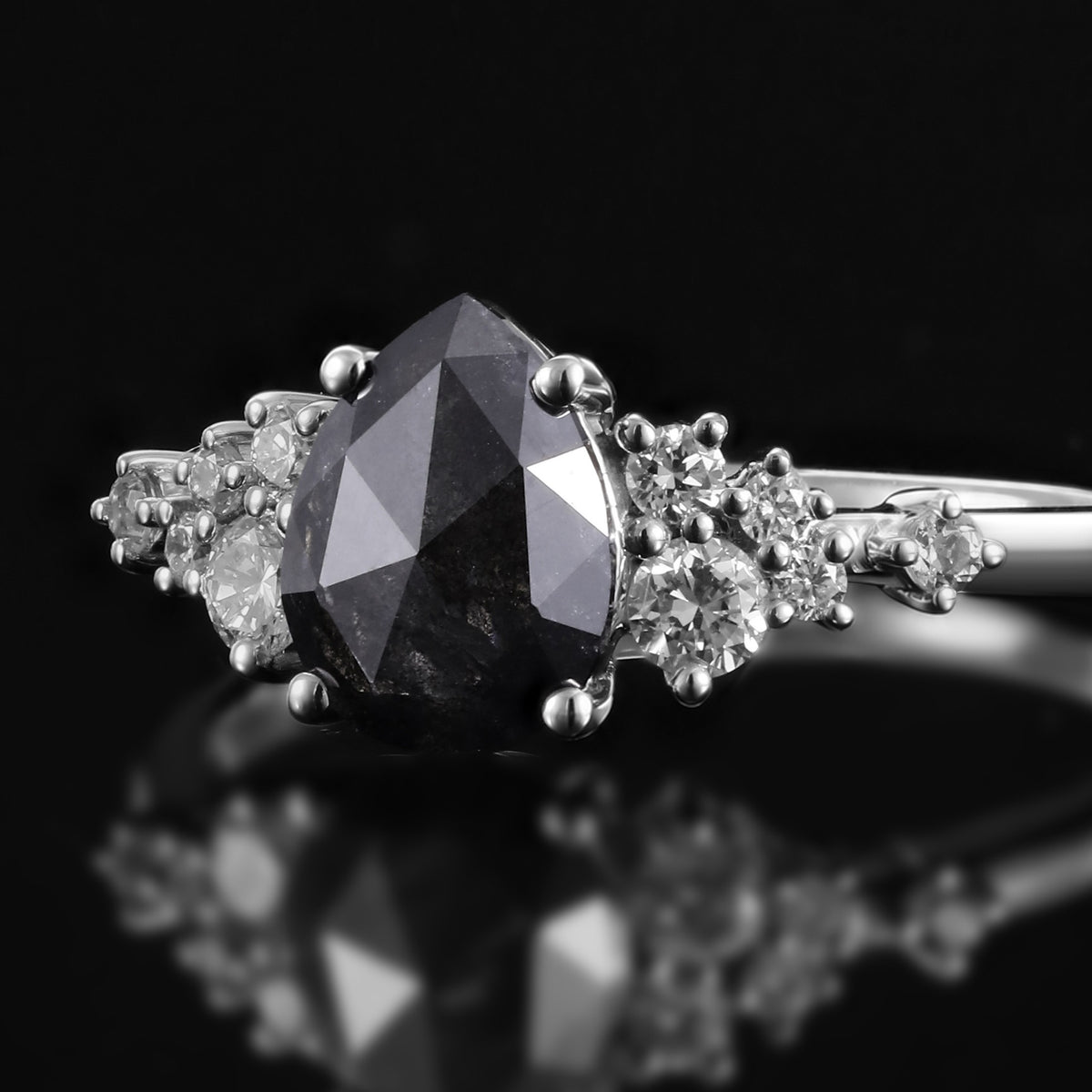 Pear Cut Salt & Pepper Diamond Snowdrift Cluster Ring
