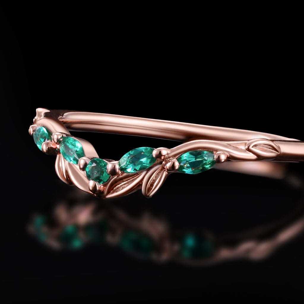 Lab Emerald Olive Leaf Nature Inspired Curved Band