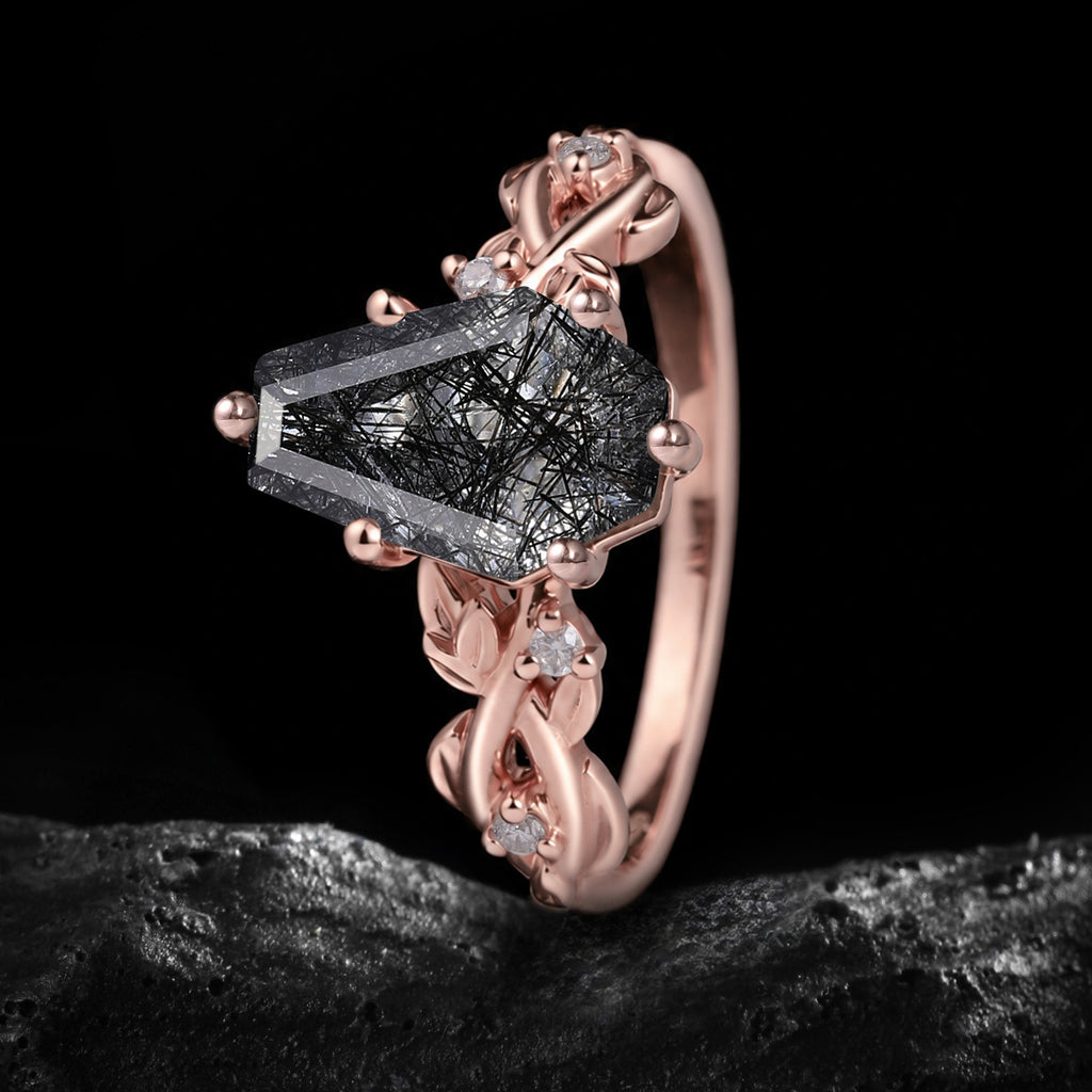 Coffin Cut Black Rutilated Quartz Crossover Shank Vine Ring