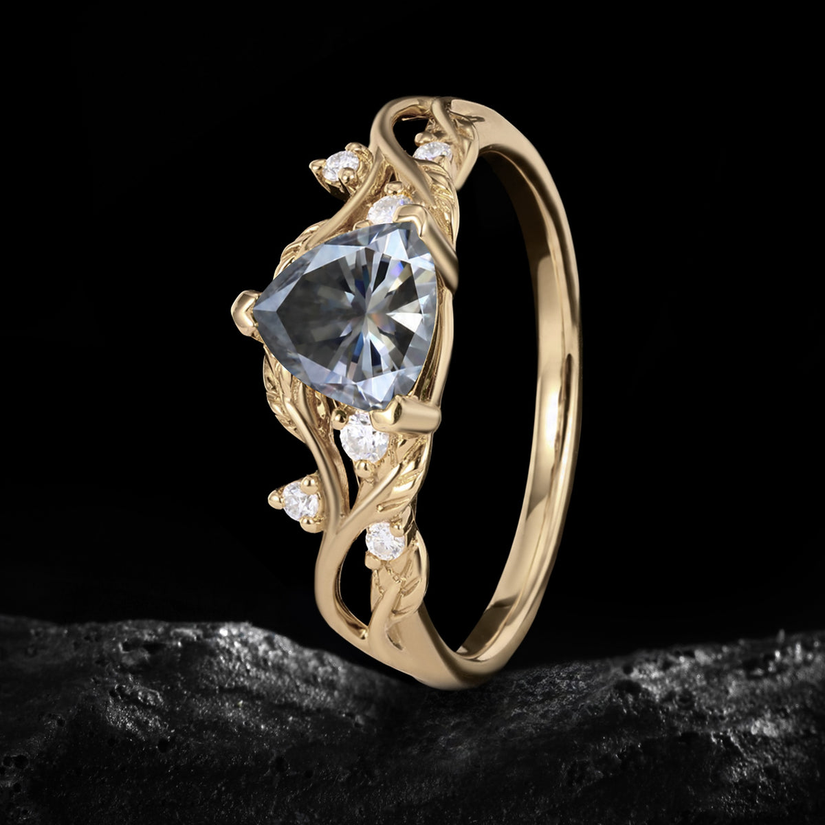 Trillion Cut Gray Moissanite Nature Inspired Ring